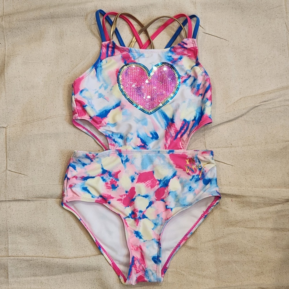 XOX Betsey Johnson Girls Tie Dye Sequin Heart Monokini Swimsuit 10 One Piece